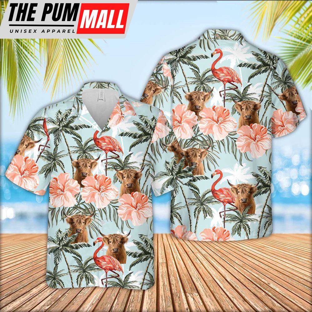 Farm Hawaiian Shirt, Highland Cattle Flamingo Hawaiian Shirt, Animal Hawaiian Shirt