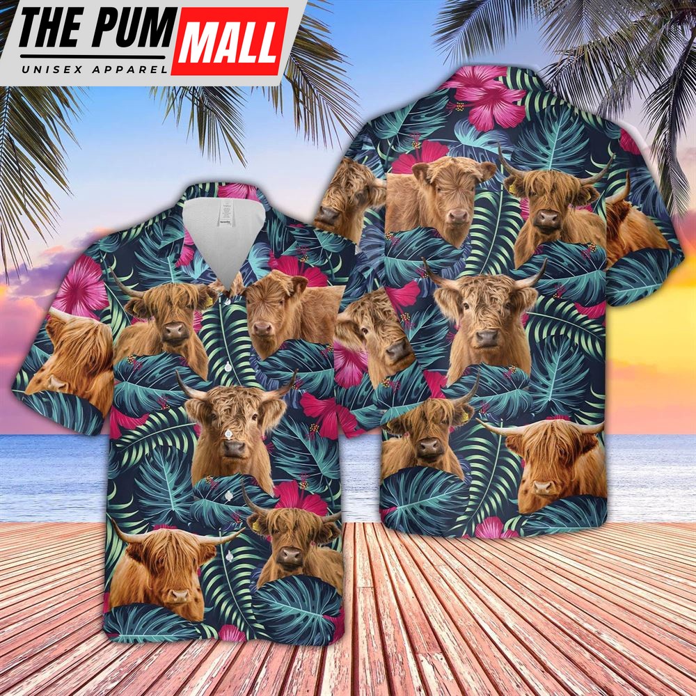 Farm Hawaiian Shirt, Highland Cattle Floral Tropical Leaves Pattern Hawaiian Shirt, Animal Hawaiian Shirt