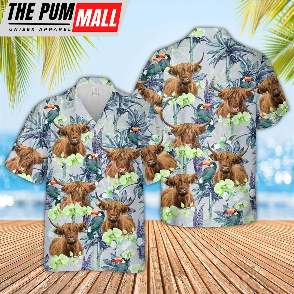Farm Hawaiian Shirt, Highland Cattle Flower Pattern 3D Hawaiian Shirt, Animal Hawaiian Shirt