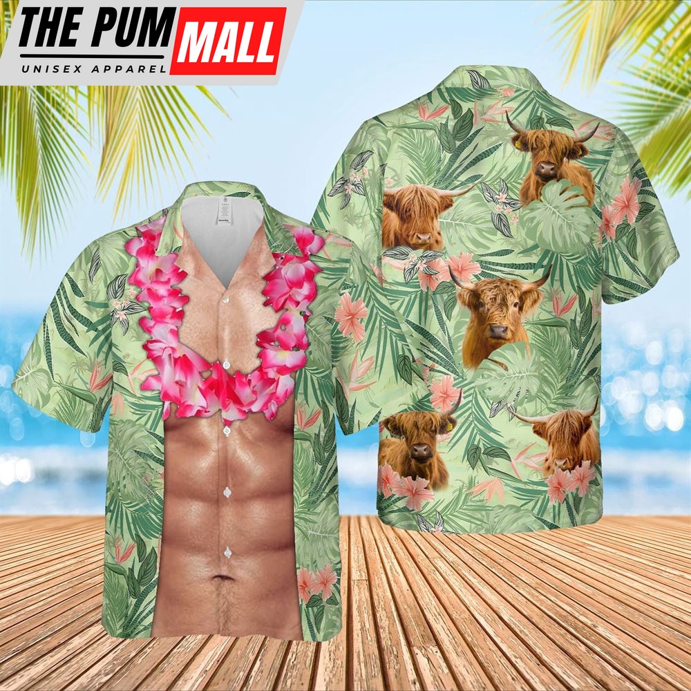 Farm Hawaiian Shirt, Highland Cattle Funny 6-Pack Body Hawaiian Shirt, Animal Hawaiian Shirt
