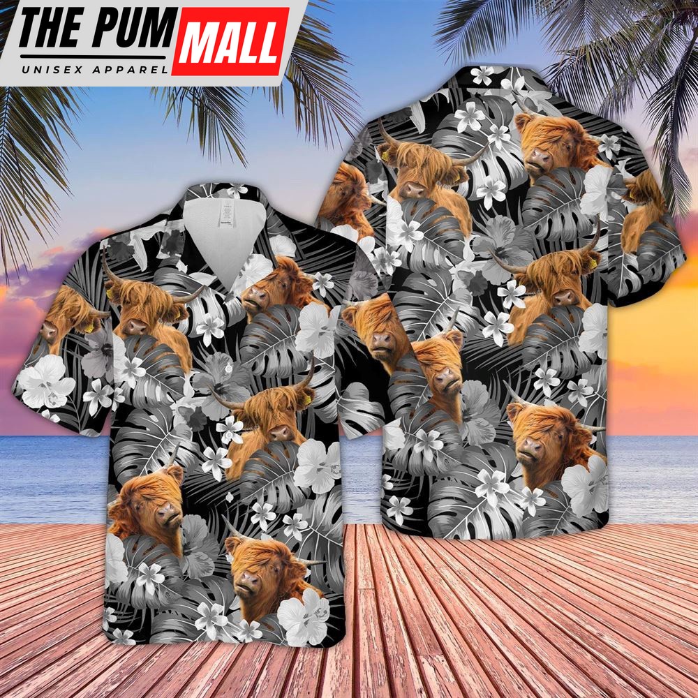 Farm Hawaiian Shirt, Highland Cattle Grey 3D Hawaiian Shirt, Animal Hawaiian Shirt