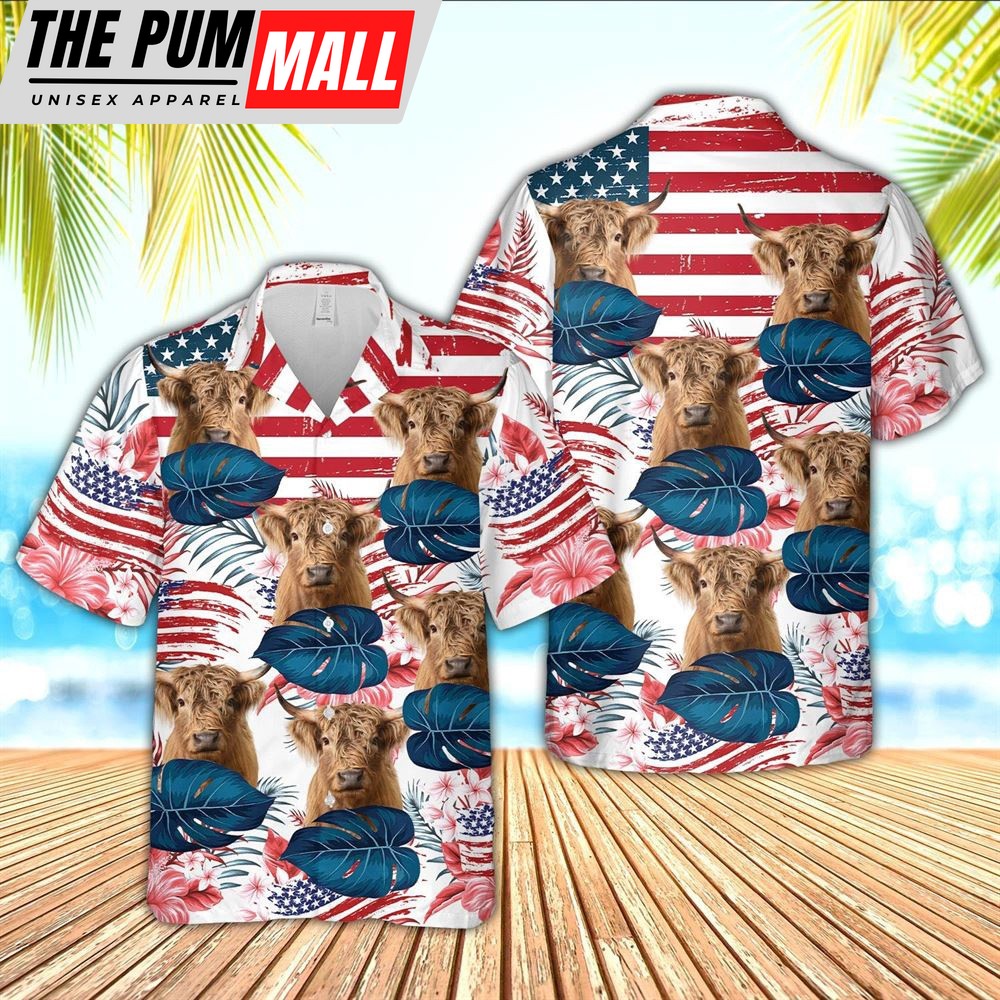 Farm Hawaiian Shirt, Highland Cattle Hibiscus Pattern Us Flag 3D Hawaiian Shirt, Animal Hawaiian Shirt