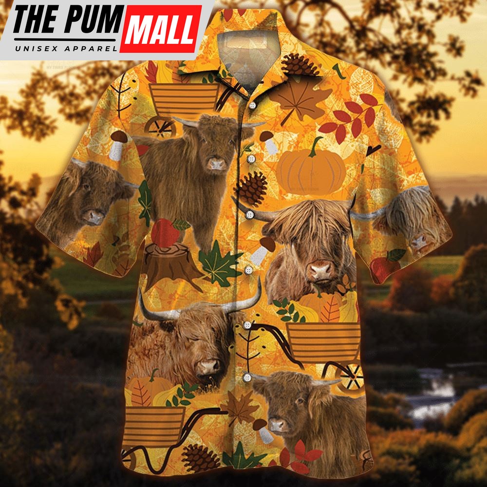 Farm Hawaiian Shirt, Highland Cattle Nature Autumn Pumpkin All Over Printed 3D Hawaiian Shirt, Animal Hawaiian Shirt