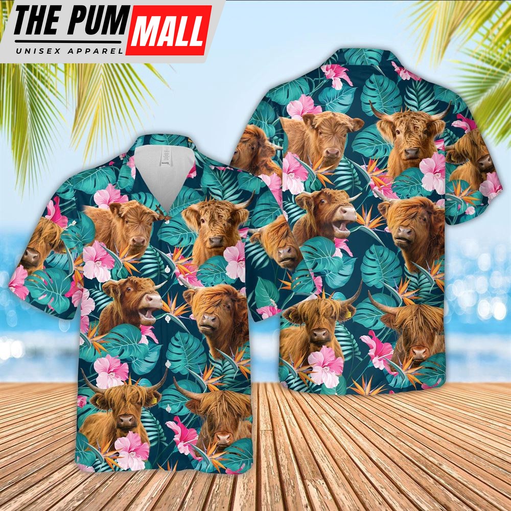 Farm Hawaiian Shirt, Highland Cattle Palm Leaves Pattern Hawaiian Shirt, Animal Hawaiian Shirt