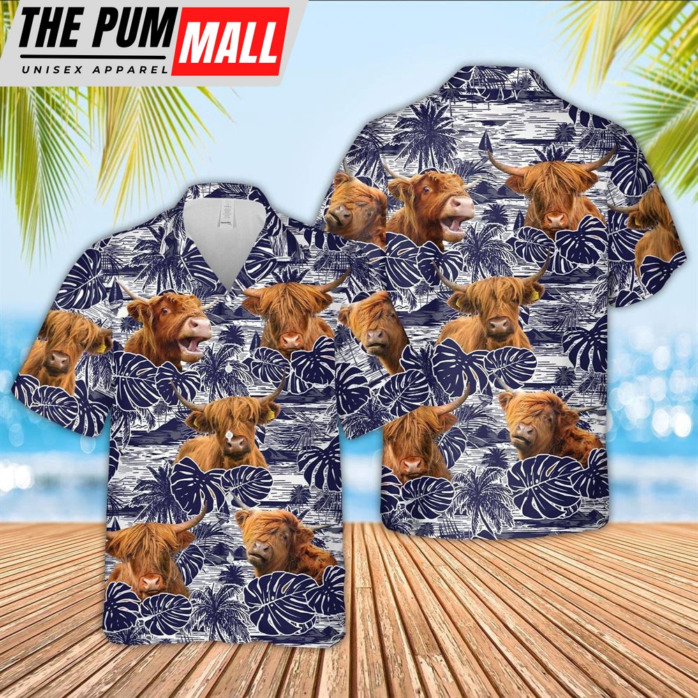 Farm Hawaiian Shirt, Highland Cattle Pattern 3D Hawaiian Shirt, Animal Hawaiian Shirt
