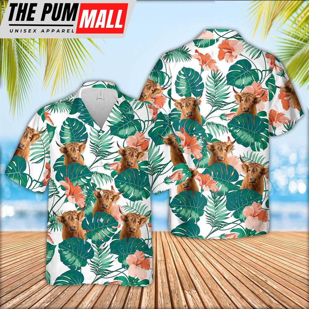 Farm Hawaiian Shirt, Highland Cattle Pattern 3D Men Hawaiian Shirt, Animal Hawaiian Shirt