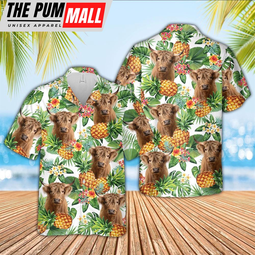 Farm Hawaiian Shirt, Highland Cattle Pineapple Pattern 3D Hawaiian Shirt, Animal Hawaiian Shirt