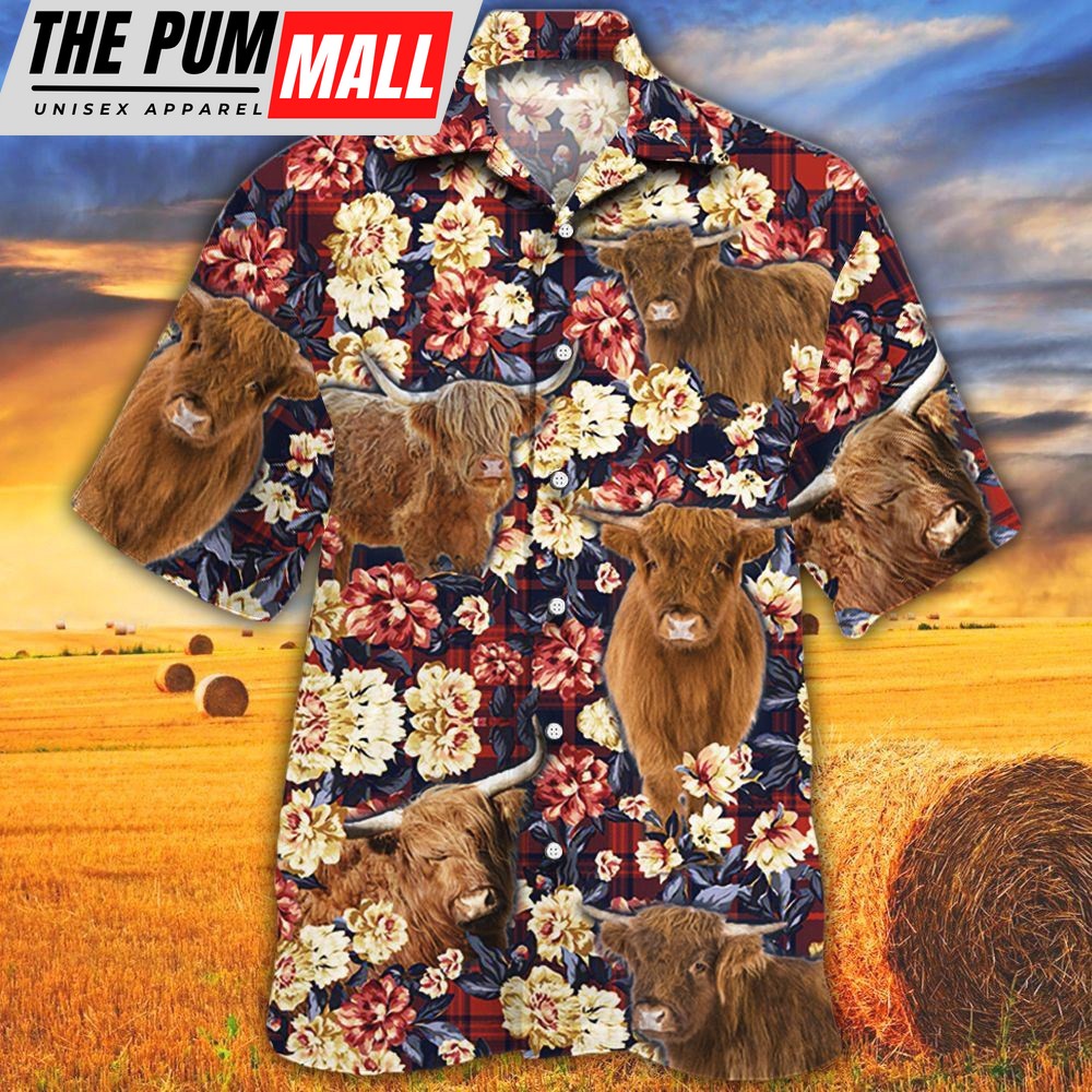 Farm Hawaiian Shirt, Highland Cattle Red Plaid Pattern All Over Printed 3D Hawaiian Shirt, Animal Hawaiian Shirt