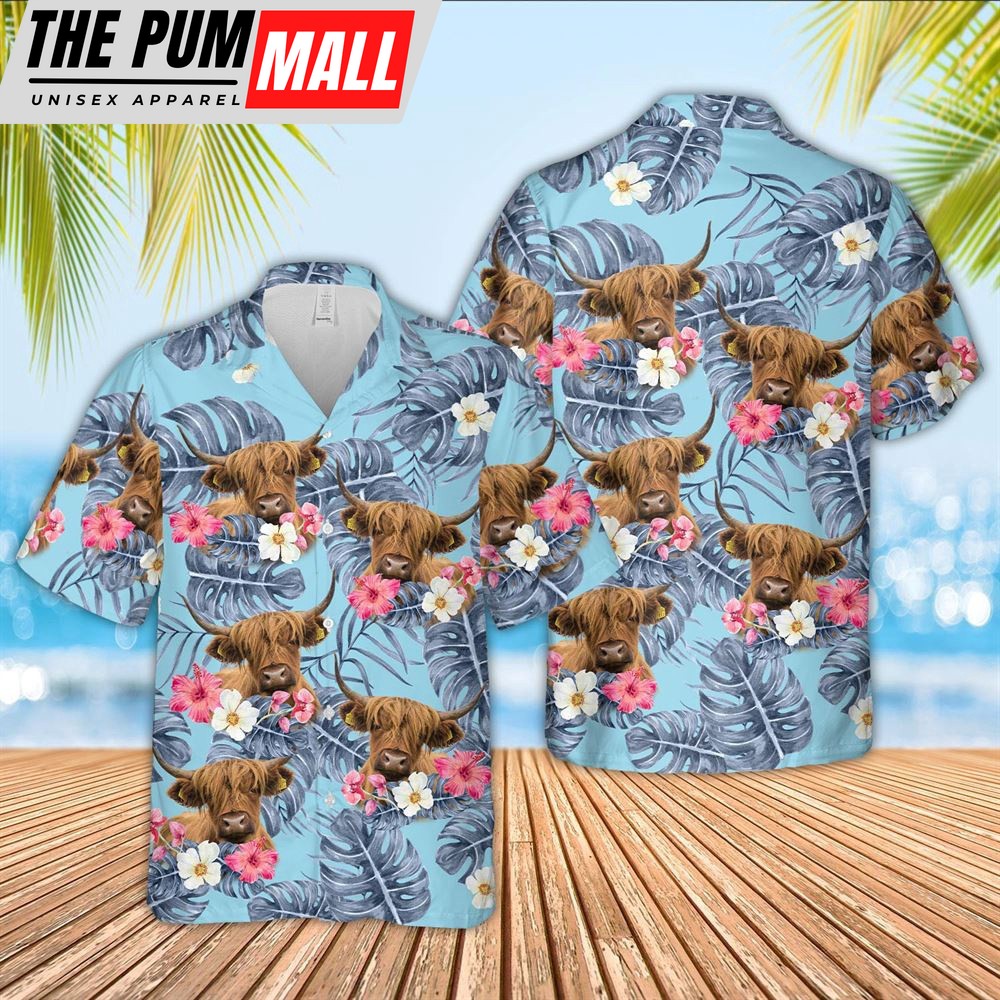 Farm Hawaiian Shirt, Highland Cattle Sierra Blue Pattern 3D Hawaiian Shirt, Animal Hawaiian Shirt