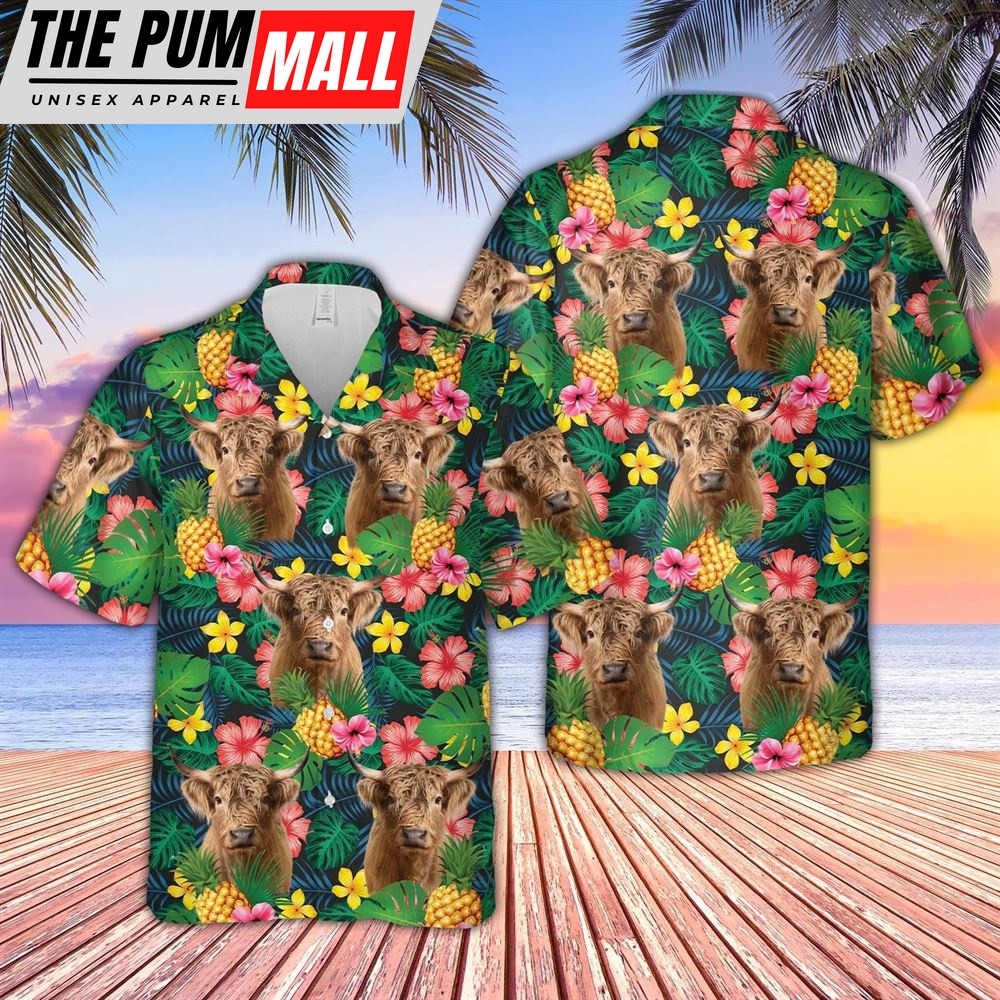 Farm Hawaiian Shirt, Highland Cattle Summer Pattern 3D Hawaiian Shirt, Animal Hawaiian Shirt