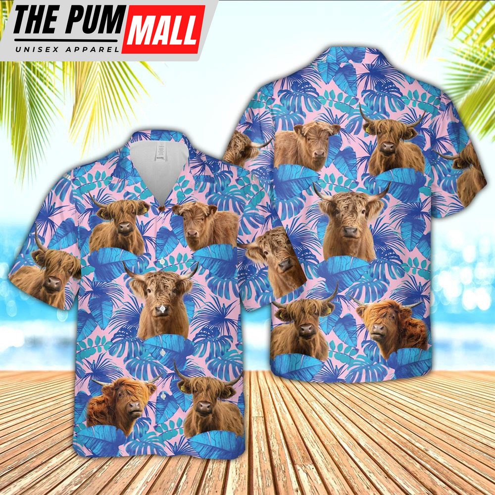 Farm Hawaiian Shirt, Highland Cattle Tropical Blue Palm Leaves Hawaiian Shirt, Animal Hawaiian Shirt