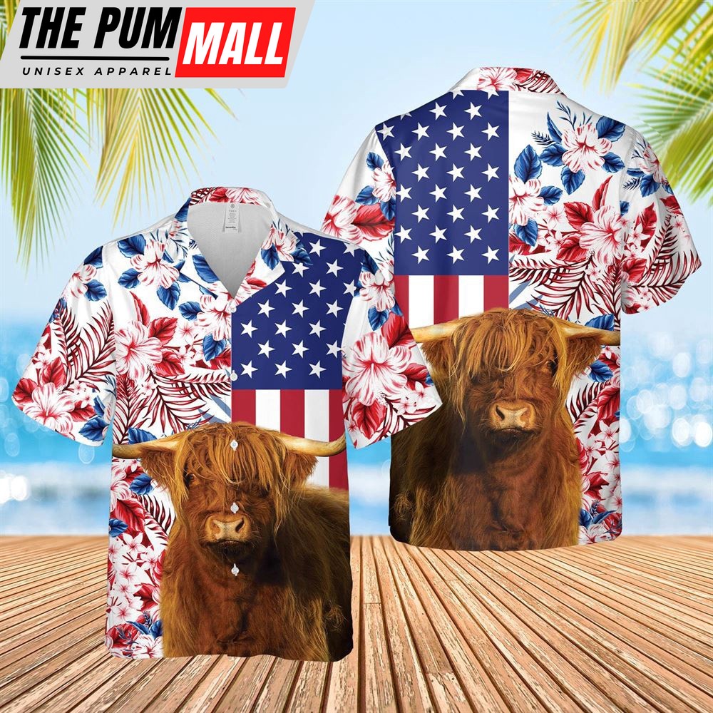 Farm Hawaiian Shirt, Highland Cattle Us Flag Flower 3D Hawaiian Shirt, Animal Hawaiian Shirt