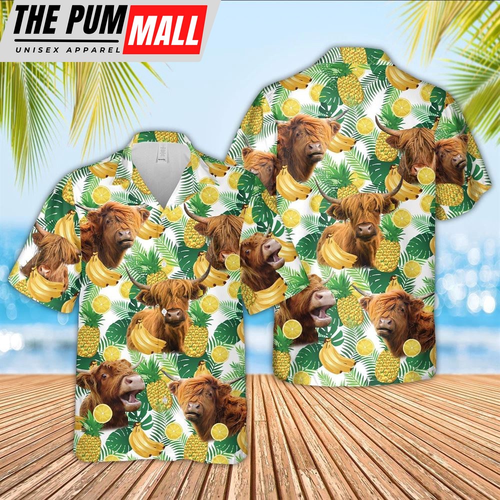 Farm Hawaiian Shirt, Highland Cattle White Tropical Fruits Pattern Hawaiian Shirt, Animal Hawaiian Shirt