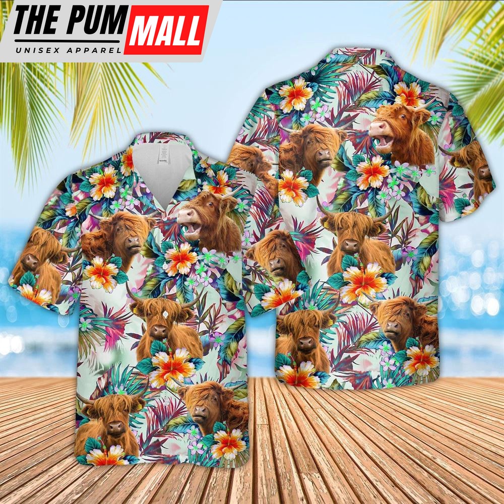 Farm Hawaiian Shirt, Highland Colorful Leaf Pattern Hawaiian Shirt, Animal Hawaiian Shirt
