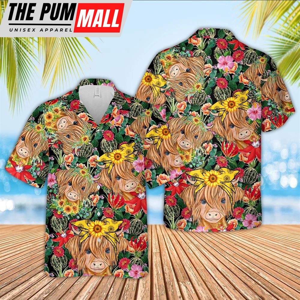 Farm Hawaiian Shirt, Highland Cow And Flower Drawing Hawaiian Shirt, Animal Hawaiian Shirt