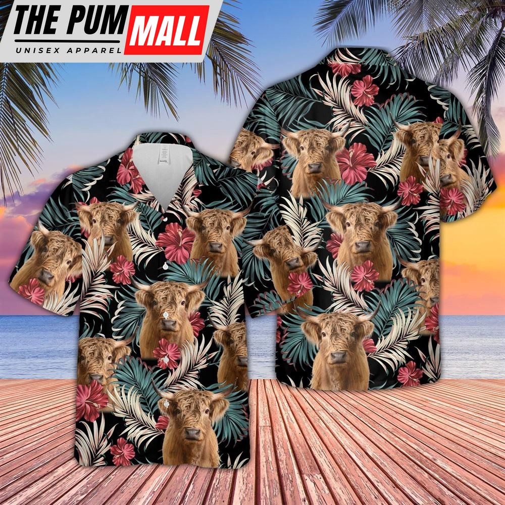 Farm Hawaiian Shirt, Highland Dark Red Flowers Pattern Hawaiian Shirt, Animal Hawaiian Shirt