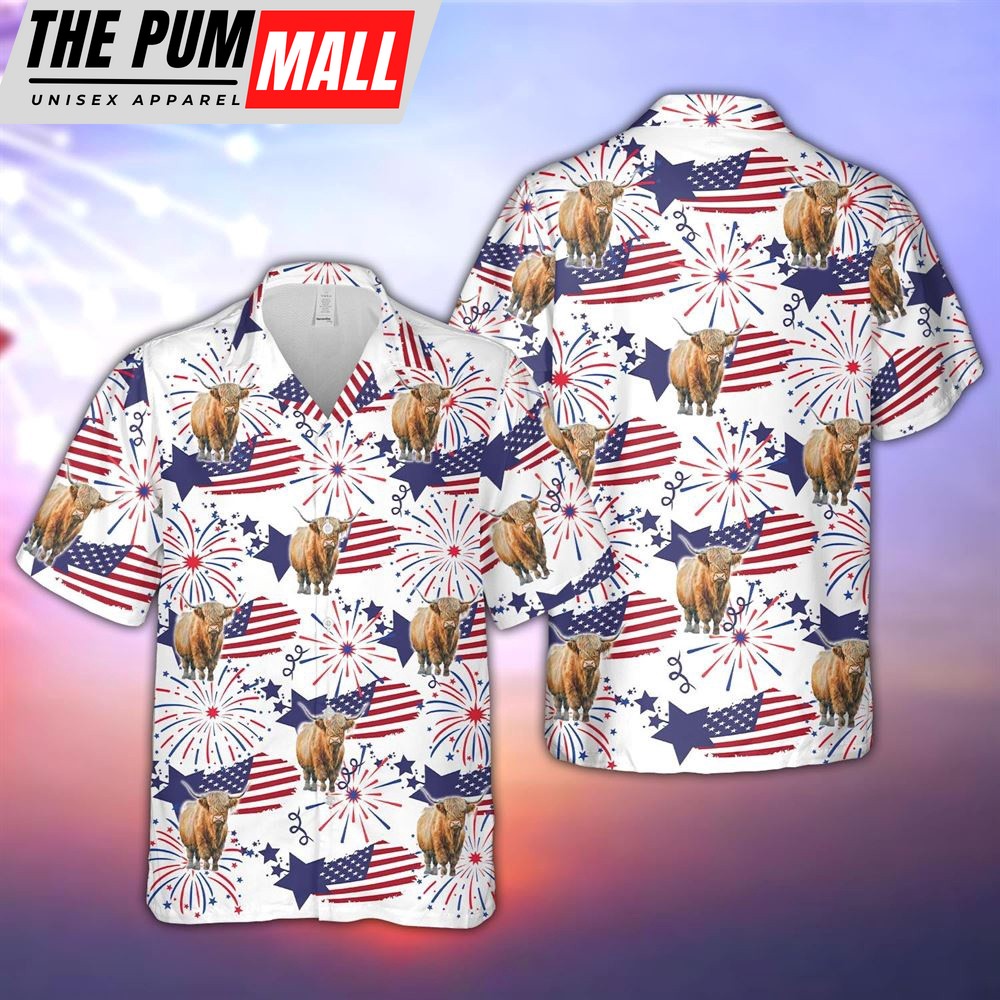 Farm Hawaiian Shirt, Highland Happy Firework Flag Hawaiian Shirt, Summer Gift, Animal Hawaiian Shirt
