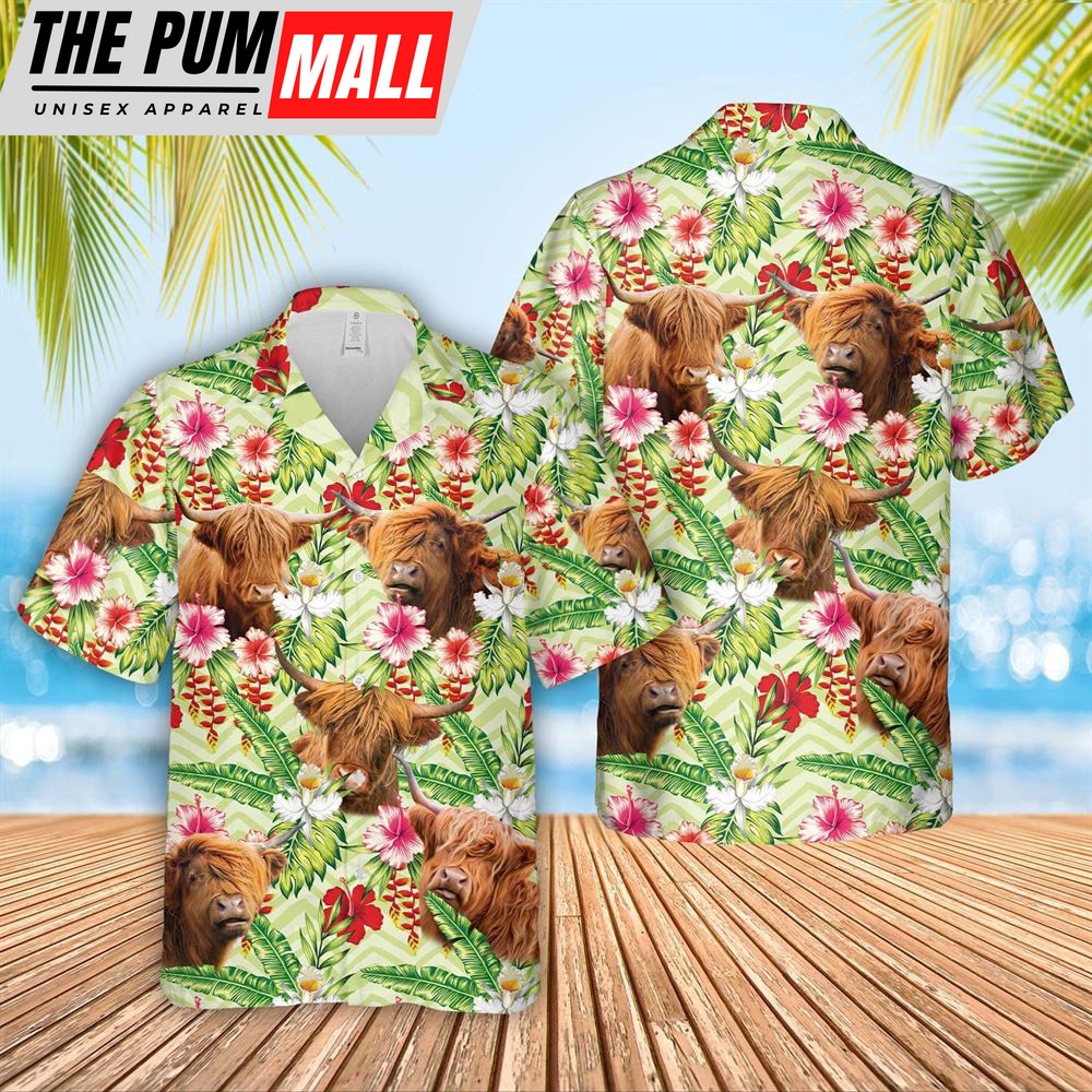 Farm Hawaiian Shirt, Highland Hibicus Floral 3D Hawaiian Shirt, Animal Hawaiian Shirt