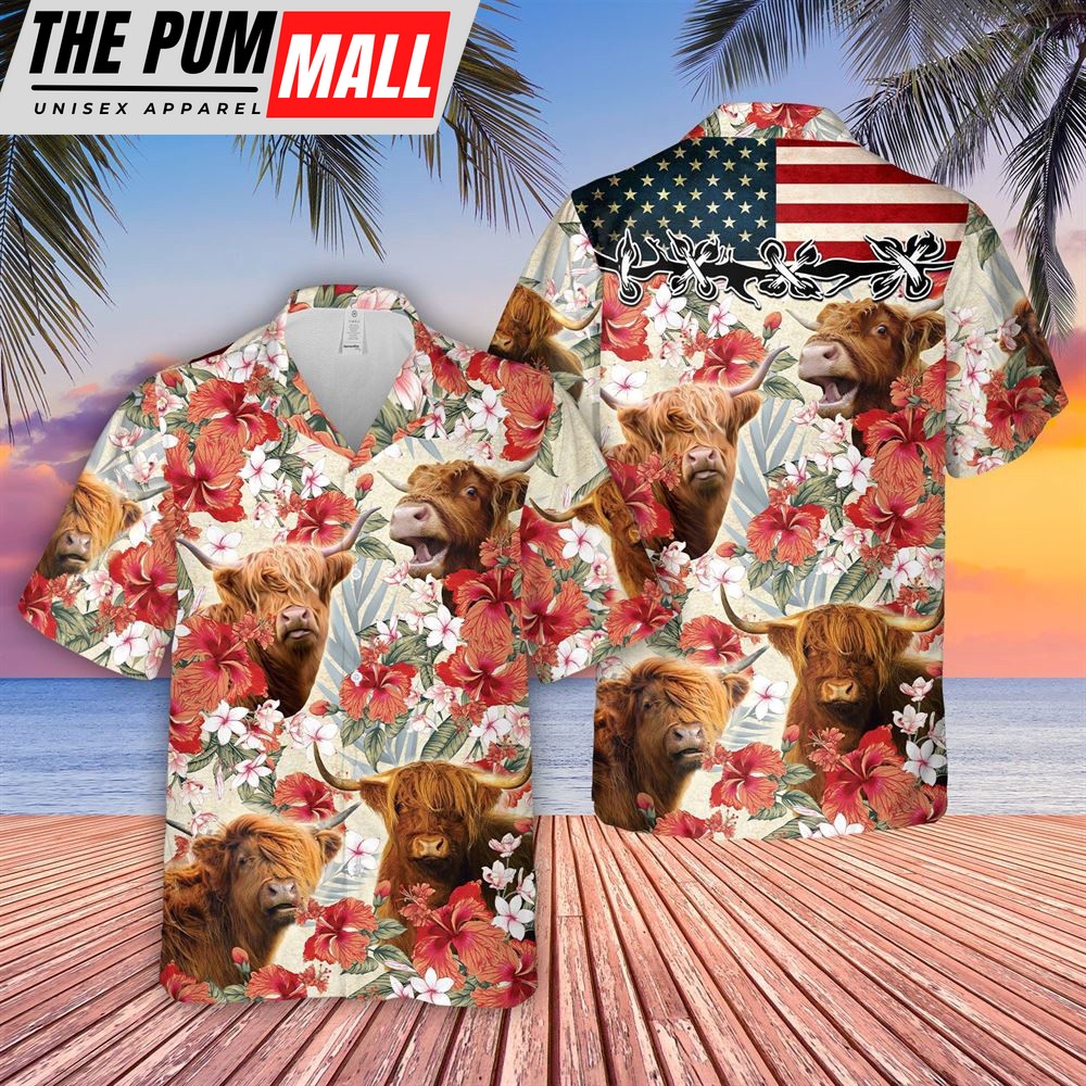 Farm Hawaiian Shirt, Highland Hibicus Floral Us Flag 3D Hawaiian Shirt, Animal Hawaiian Shirt
