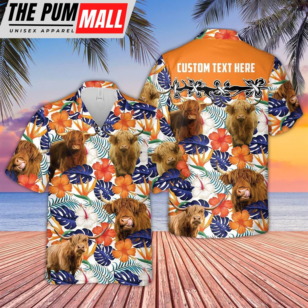 Farm Hawaiian Shirt, Highland Hibiscus Blue Floral Custom Name 3D Hawaiian Shirt, Animal Hawaiian Shirt