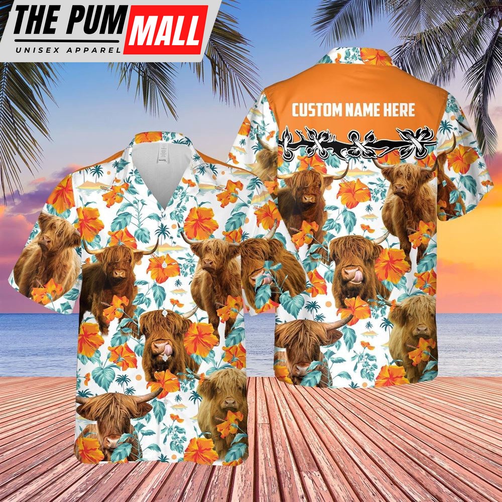 Farm Hawaiian Shirt, Highland Hibiscus Floral Custom Name 3D Hawaiian Shirt, Animal Hawaiian Shirt