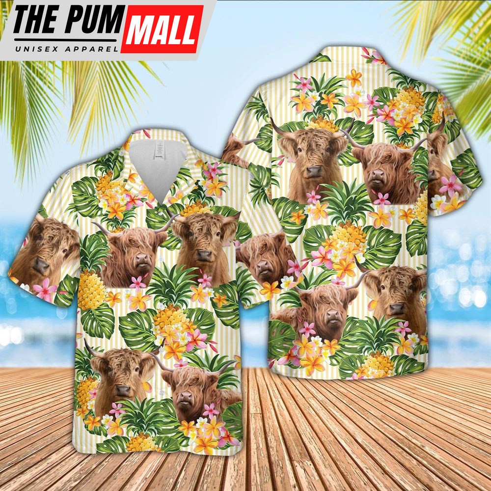 Farm Hawaiian Shirt, Highland Pineapple Pattern Hawaiian Shirt, Animal Hawaiian Shirt