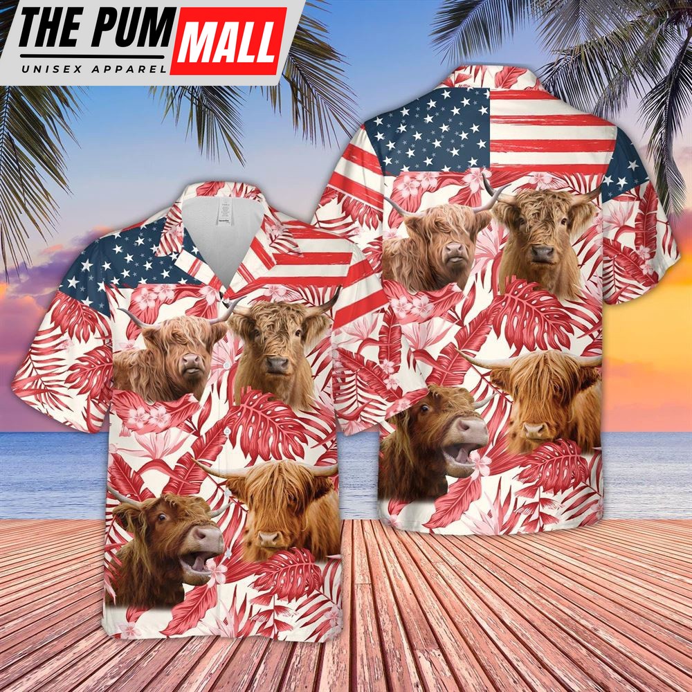 Farm Hawaiian Shirt, Highland Red Floral Us Flag 3D Hawaiian Shirt, Animal Hawaiian Shirt