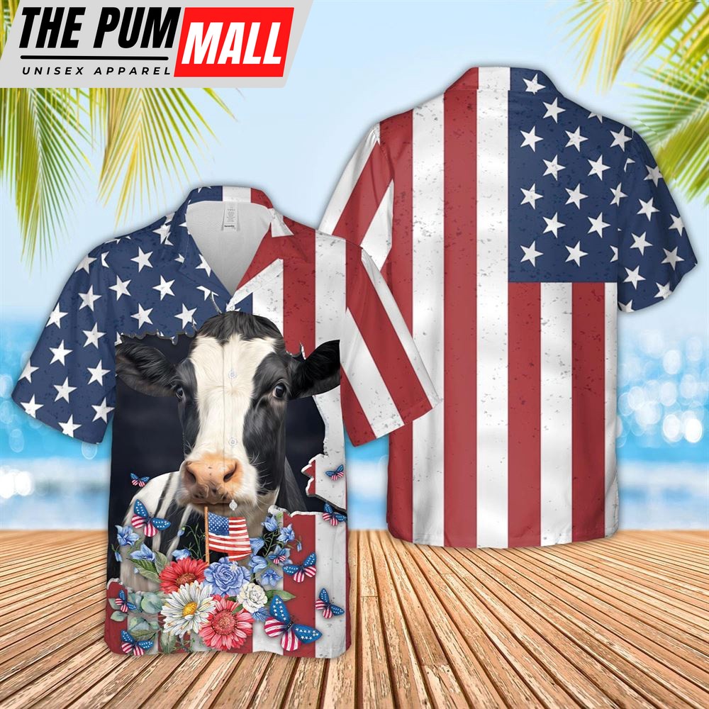 Farm Hawaiian Shirt, Holstein 4Th Of July 3D Hawaiian Shirt, Animal Hawaiian Shirt