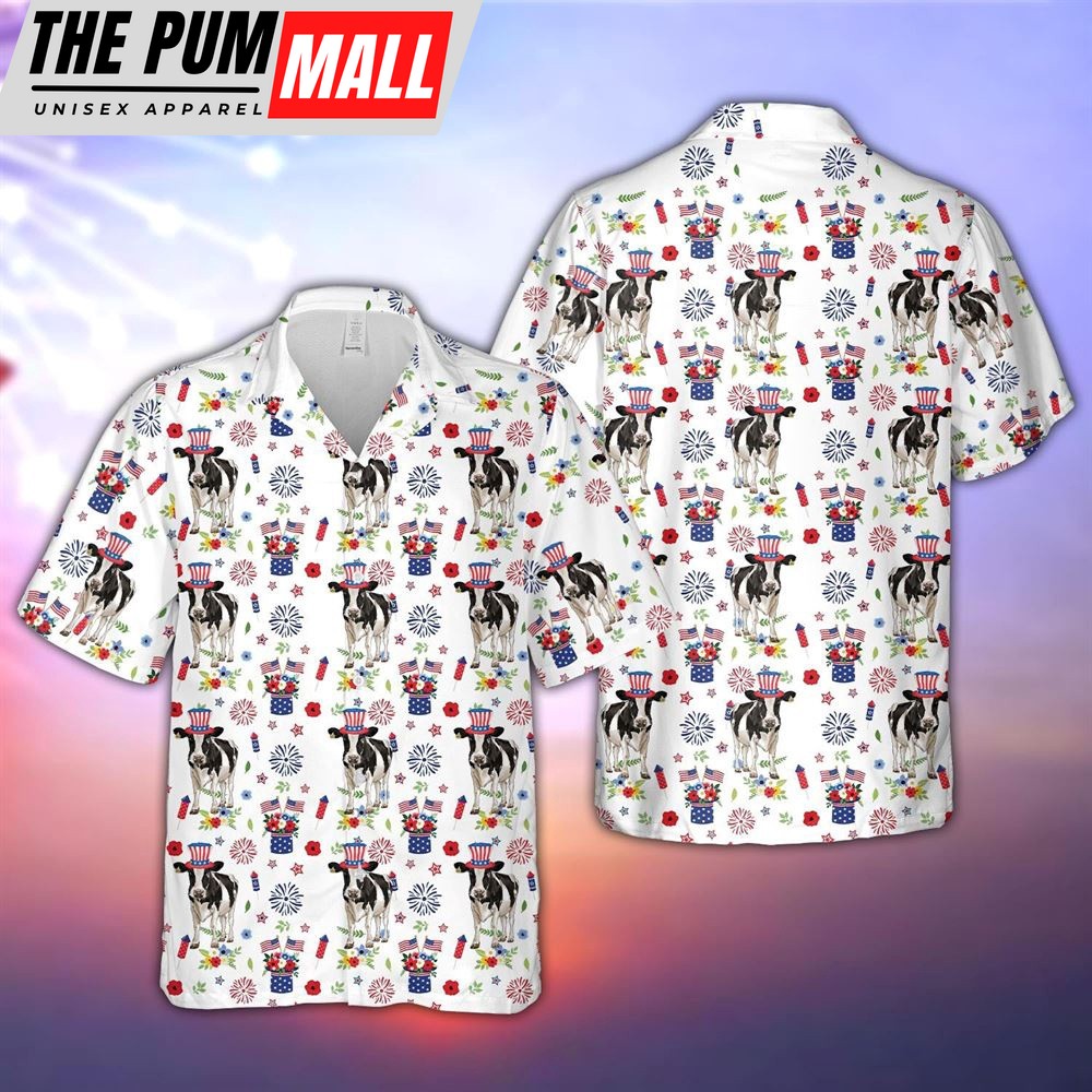 Farm Hawaiian Shirt, Holstein American Flag And Firework Pattern Hawaiian Shirt, Summer Gift, Animal Hawaiian Shirt