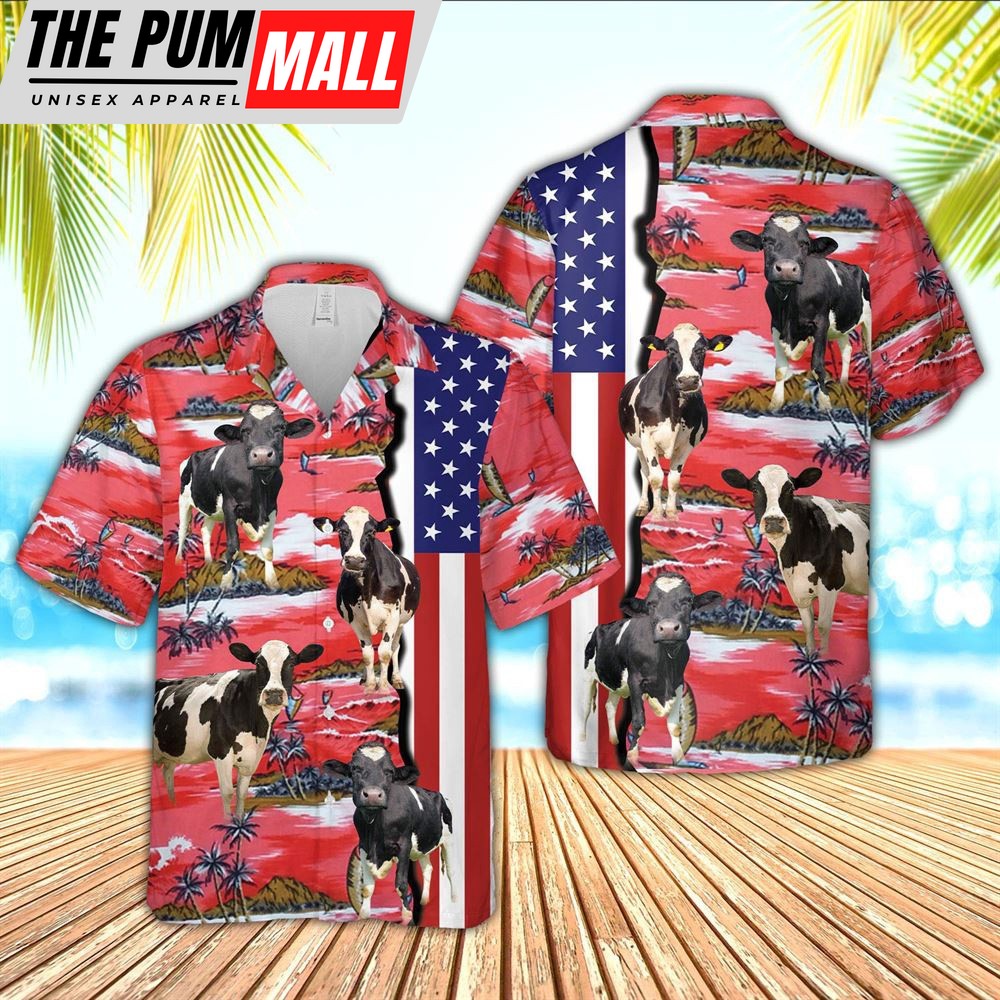 Farm Hawaiian Shirt, Holstein American Flag Farming 3D Hawaiian Shirt, Animal Hawaiian Shirt