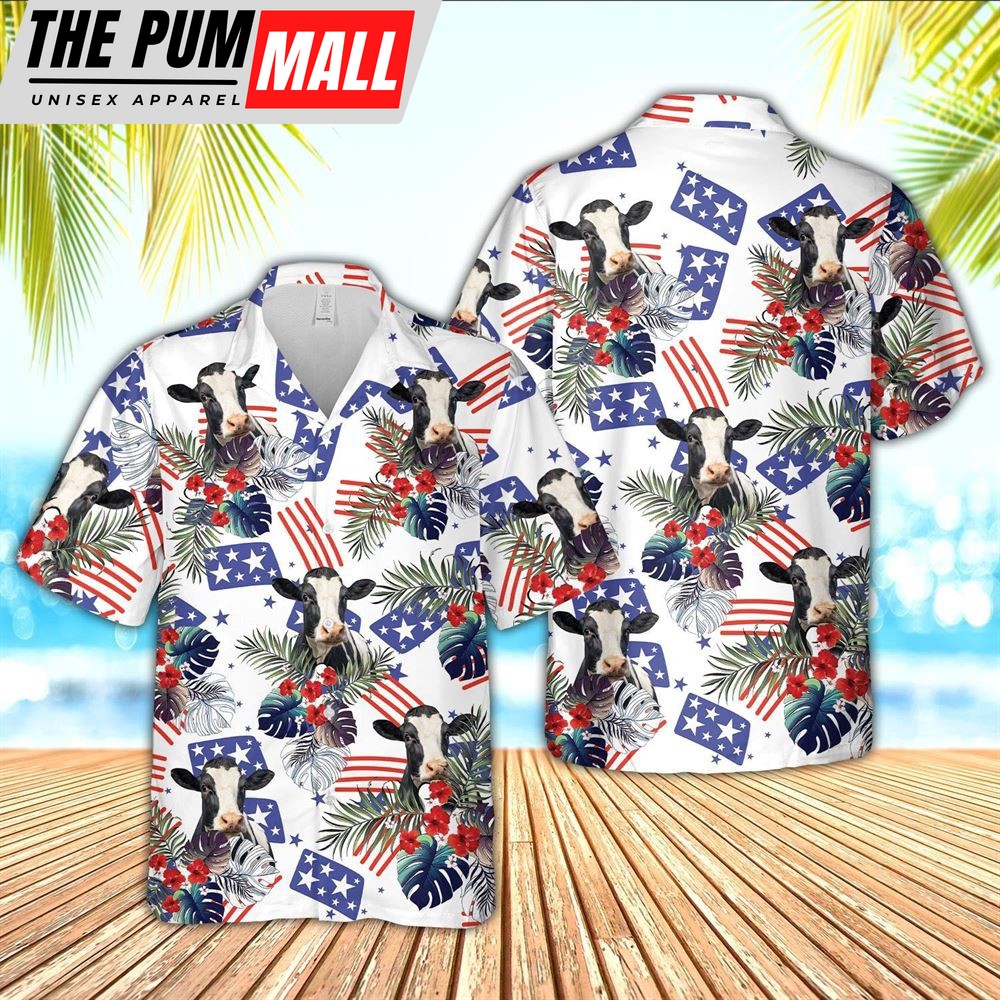 Farm Hawaiian Shirt, Holstein American Little Flowers And Flag Pattern Hawaiian Shirt, Animal Hawaiian Shirt