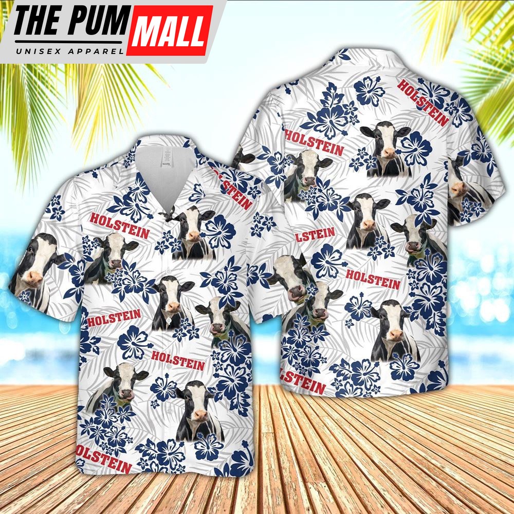 Farm Hawaiian Shirt, Holstein American White Flowers Pattern Hawaiian Shirt, Animal Hawaiian Shirt
