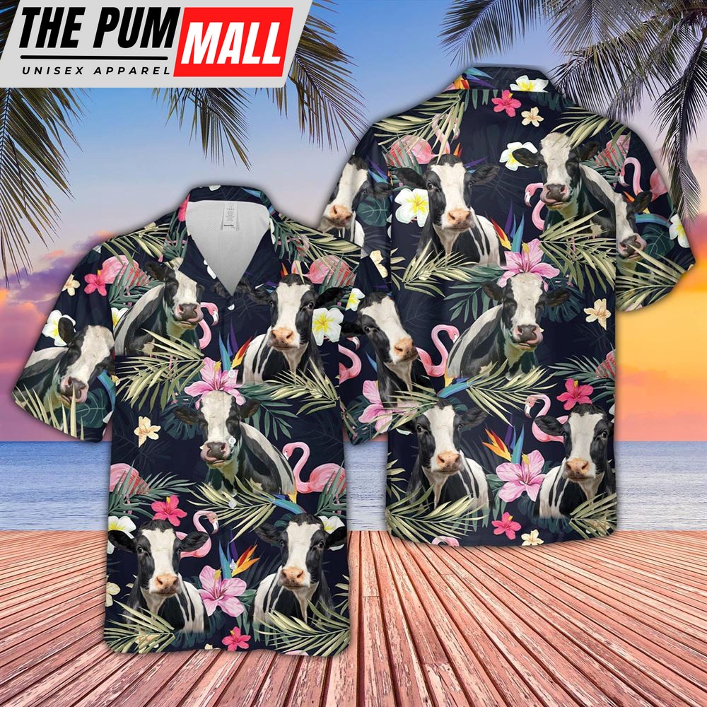 Farm Hawaiian Shirt, Holstein And Flamingo Flower Pattern 3D Hawaiian Shirt, Animal Hawaiian Shirt
