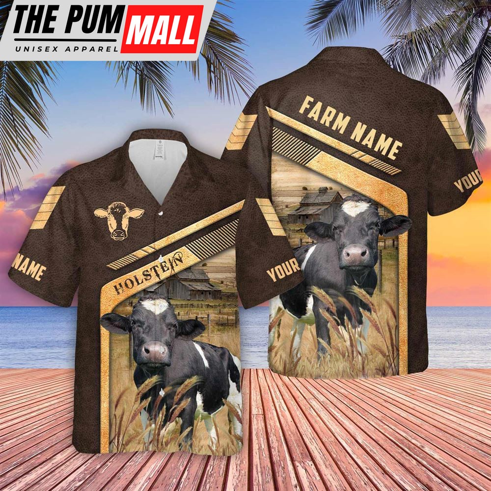 Farm Hawaiian Shirt, Holstein Brown Pattern Customized Name 3D Hawaiian Shirt, Animal Hawaiian Shirt