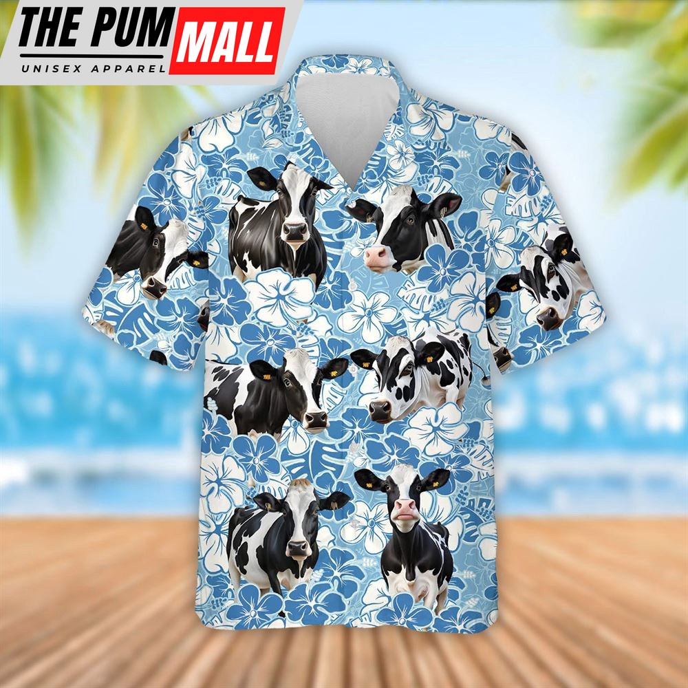 Farm Hawaiian Shirt, Holstein Cattle Blue Flower Pattern 3D Hawaiian Shirt, Summer Gift, Animal Hawaiian Shirt
