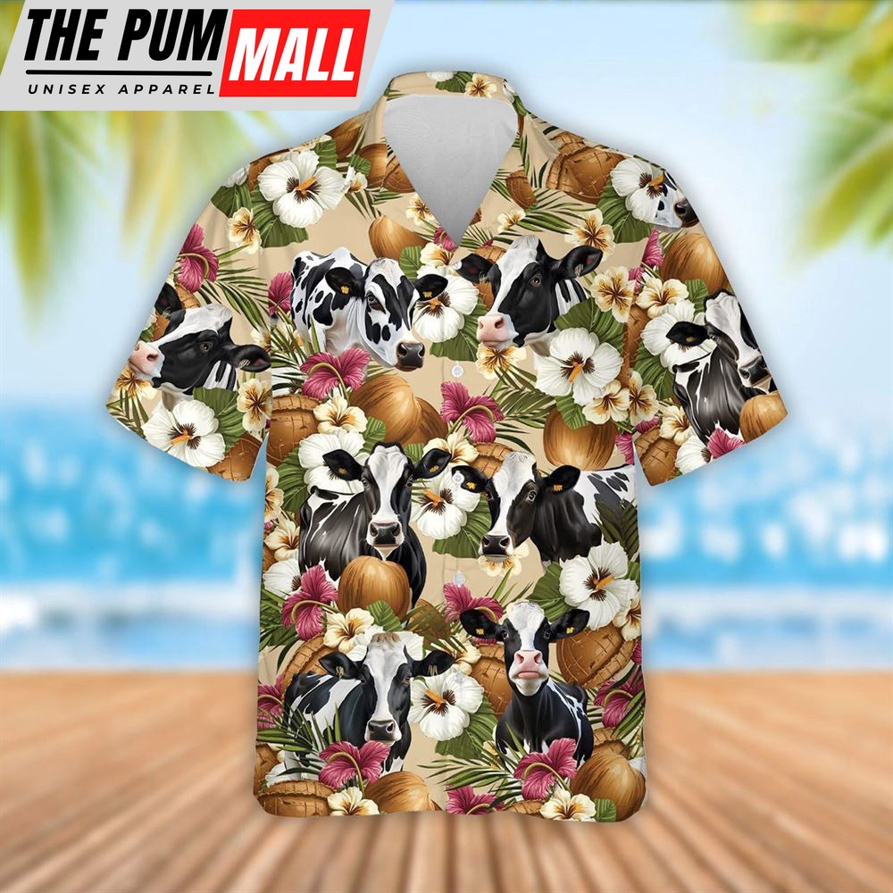Farm Hawaiian Shirt, Holstein Cattle Coconut Tropical Flowers Hawaiian Shirt, Summer Gift, Animal Hawaiian Shirt