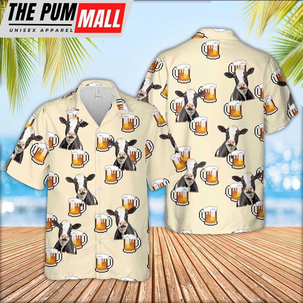 Farm Hawaiian Shirt, Holstein Cattle Drink Beer Pattern Hawaiian Shirt, Animal Hawaiian Shirt
