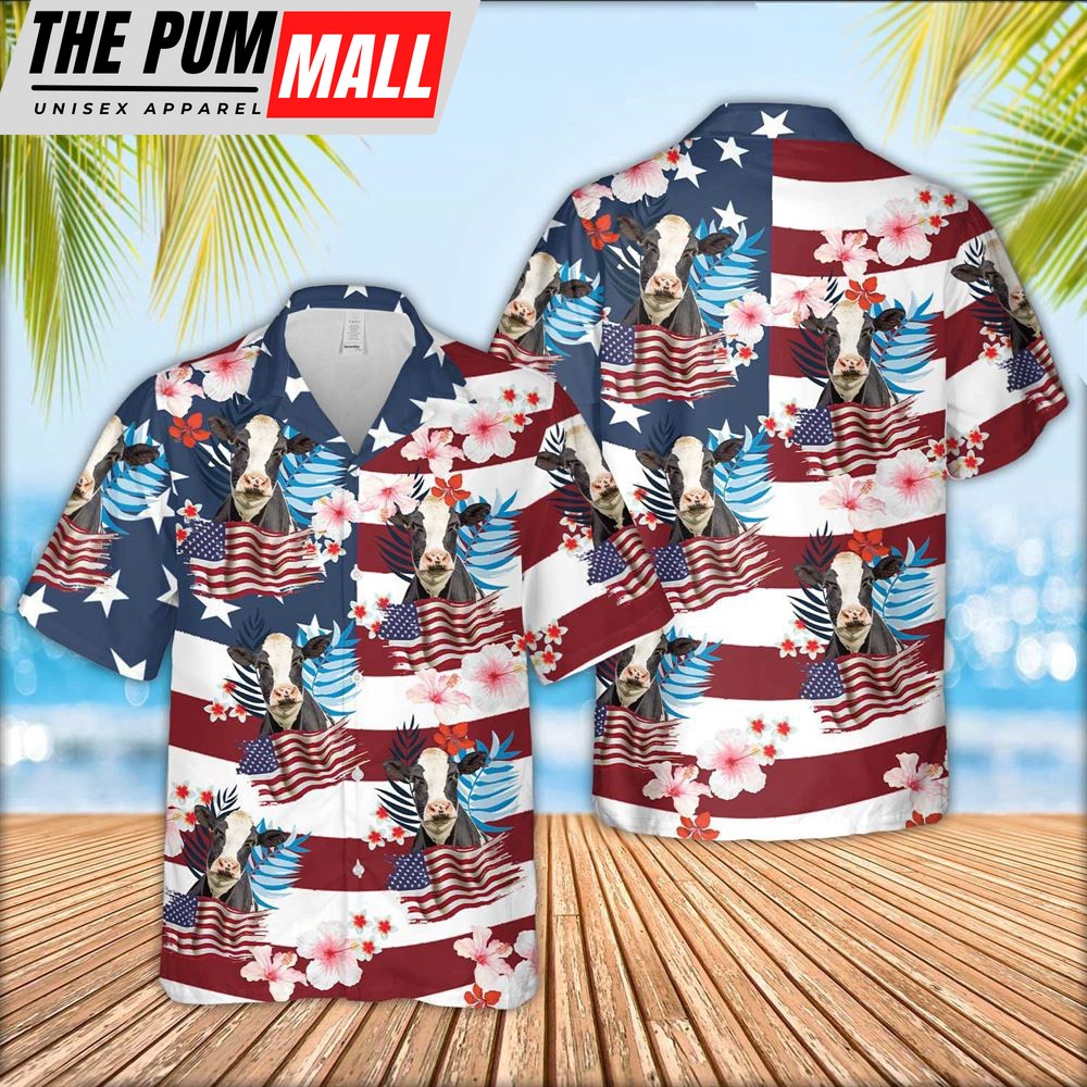 Farm Hawaiian Shirt, Holstein Cattle Floral U.S Flag Pattern Hawaiian Shirt, Animal Hawaiian Shirt