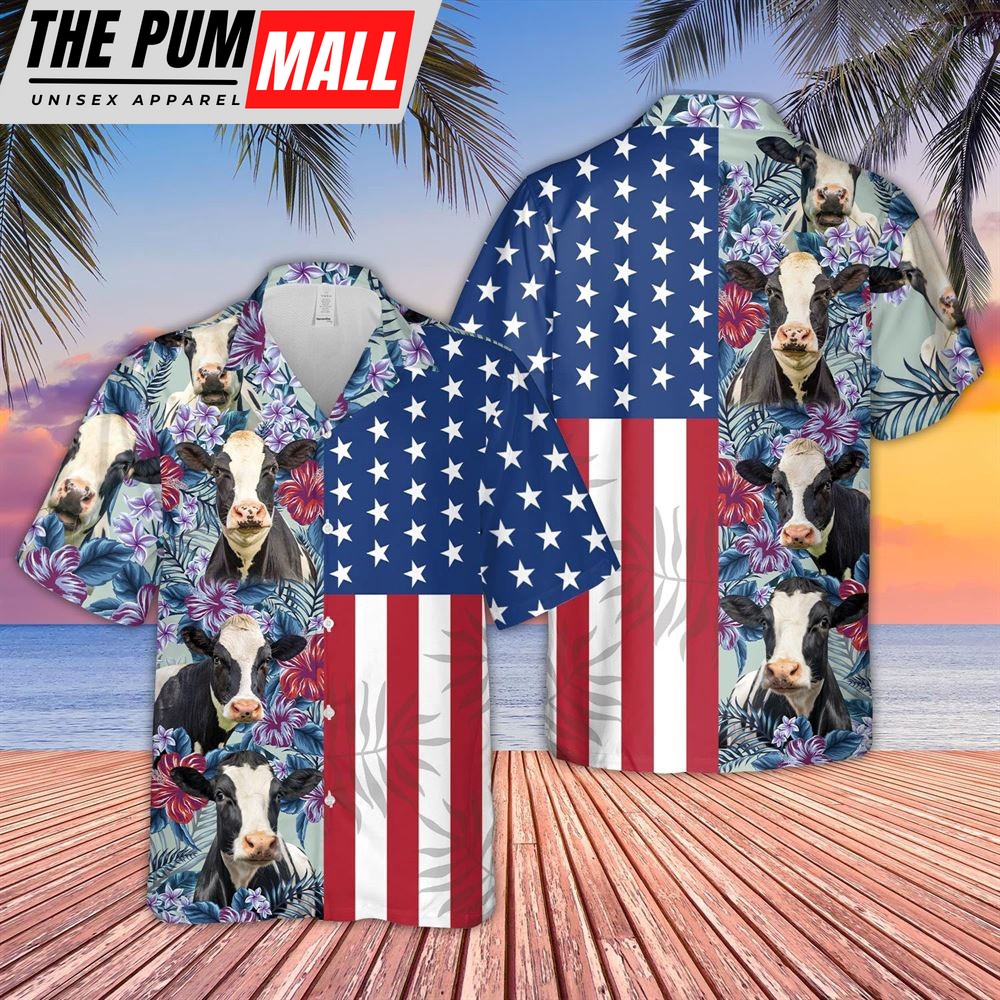 Farm Hawaiian Shirt, Holstein Cattle Flower Pattern Us Flag 3D Hawaiian Shirt, Animal Hawaiian Shirt
