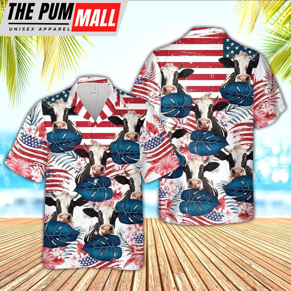 Farm Hawaiian Shirt, Holstein Cattle Hibiscus Pattern Us Flag 3D Hawaiian Shirt, Animal Hawaiian Shirt