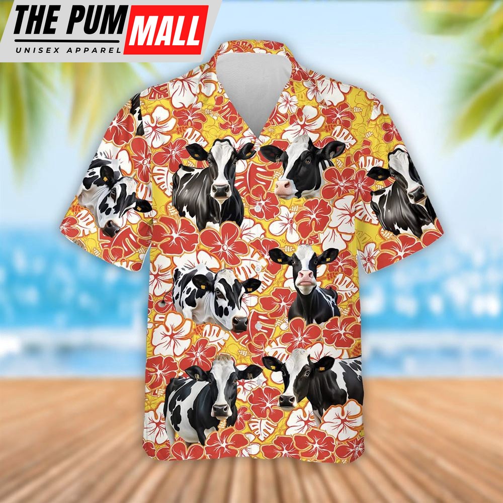 Farm Hawaiian Shirt, Holstein Cattle Orange Flower Pattern 3D Hawaiian Shirt, Summer Gift, Animal Hawaiian Shirt