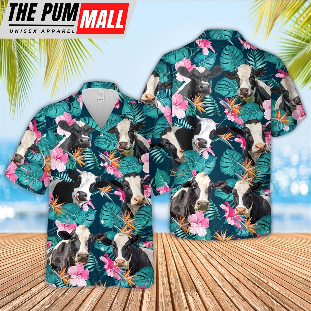 Farm Hawaiian Shirt, Holstein Cattle Palm Leaves Pattern Hawaiian Shirt, Animal Hawaiian Shirt