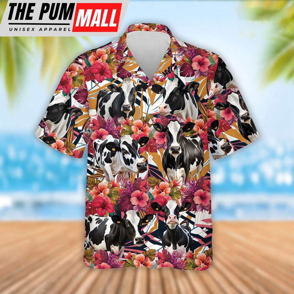 Farm Hawaiian Shirt, Holstein Cattle Red Hibicus Flowers Hawaiian Shirt, Summer Gift, Animal Hawaiian Shirt