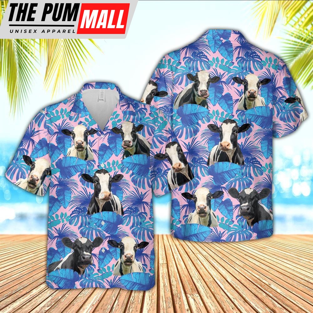 Farm Hawaiian Shirt, Holstein Cattle Tropical Blue Palm Leaves Hawaiian Shirt, Animal Hawaiian Shirt