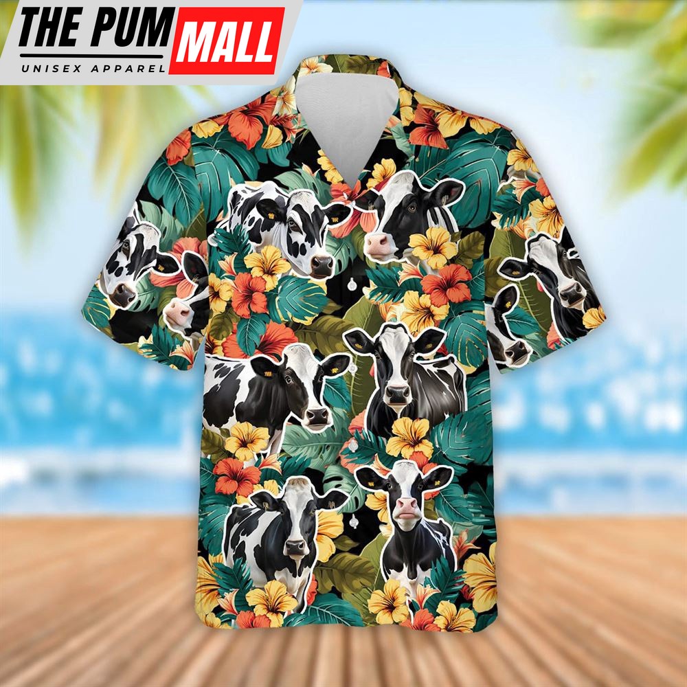 Farm Hawaiian Shirt, Holstein Cattle Tropical Flowers Hawaiian Shirt, Summer Gift, Animal Hawaiian Shirt
