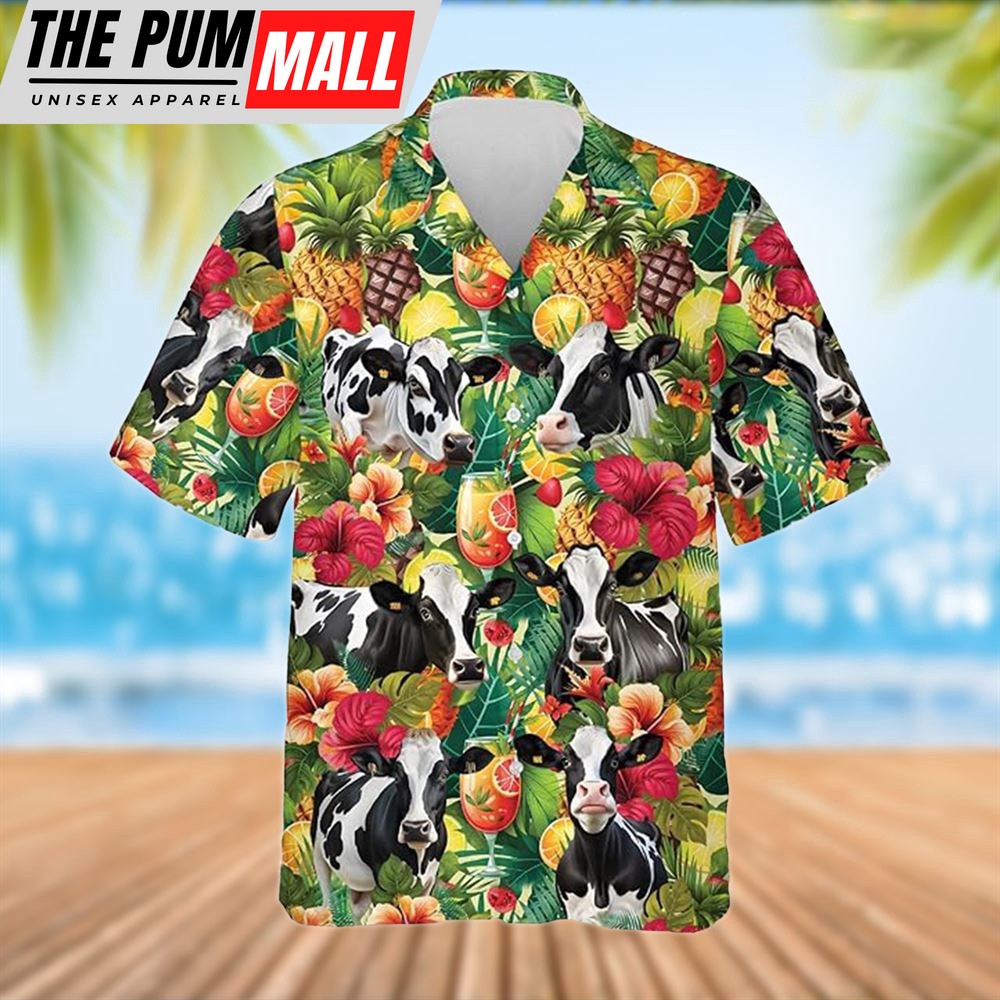 Farm Hawaiian Shirt, Holstein Cattle Tropical Fruits Pattern Hawaiian Shirt, Summer Gift, Animal Hawaiian Shirt