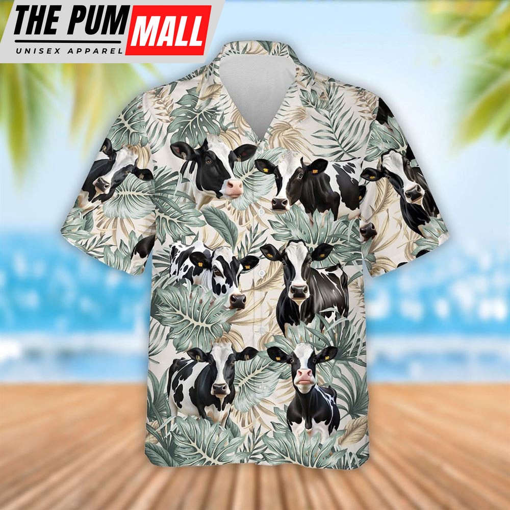 Farm Hawaiian Shirt, Holstein Cattle Tropical Leaf Pattern Hawaiian Shirt, Summer Gift, Animal Hawaiian Shirt