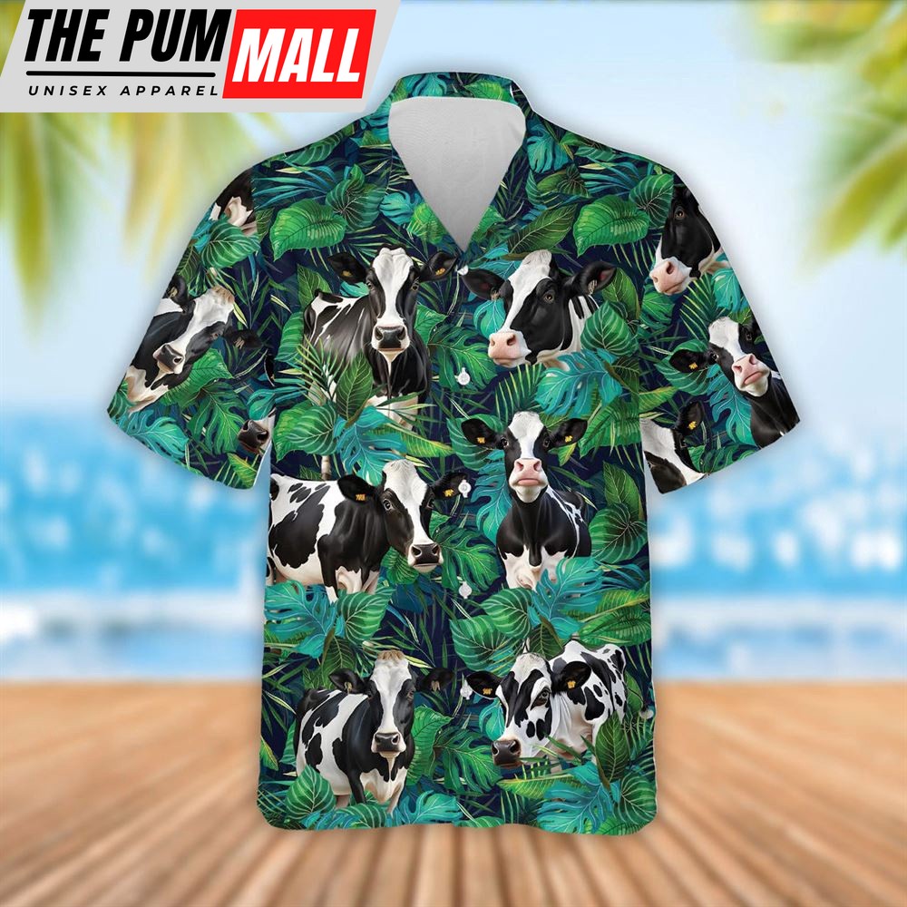 Farm Hawaiian Shirt, Holstein Cattle Tropical Leaves Hawaiian Shirt, Summer Gift, Animal Hawaiian Shirt