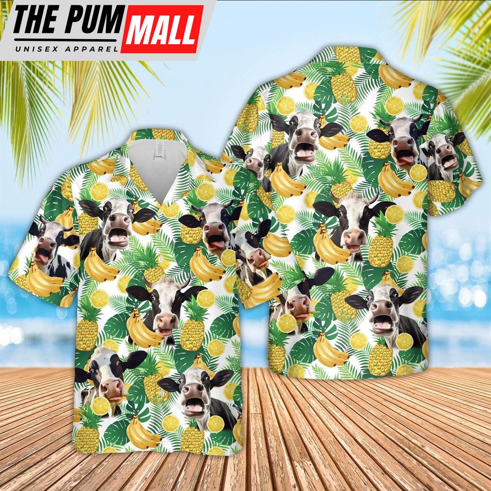 Farm Hawaiian Shirt, Holstein Cattle White Tropical Fruits Pattern Hawaiian Shirt, Animal Hawaiian Shirt