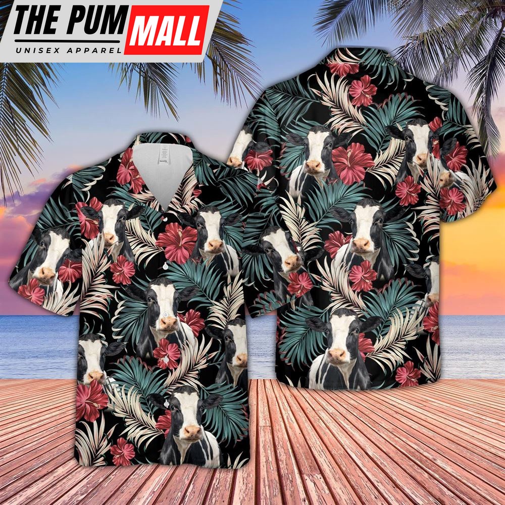 Farm Hawaiian Shirt, Holstein Dark Red Flowers Pattern Hawaiian Shirt, Animal Hawaiian Shirt